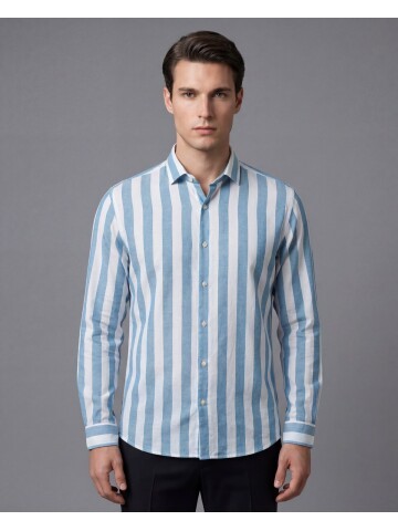 Yeşil Çizgili Regular Fit Uzun Kollu Gömlek