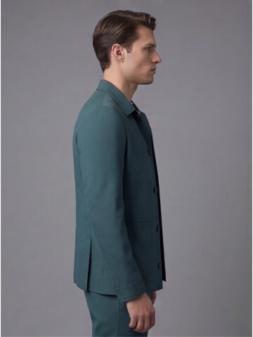 Green Shirt Collar Buttoned Patch Pocket Suit