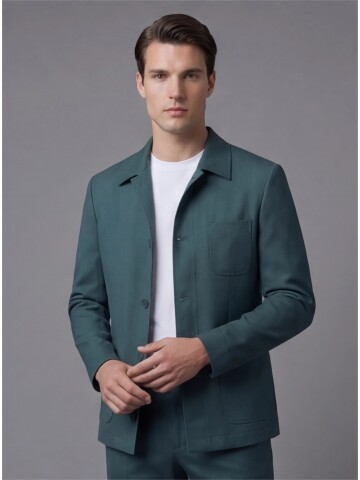 Green Shirt Collar Buttoned Patch Pocket Suit