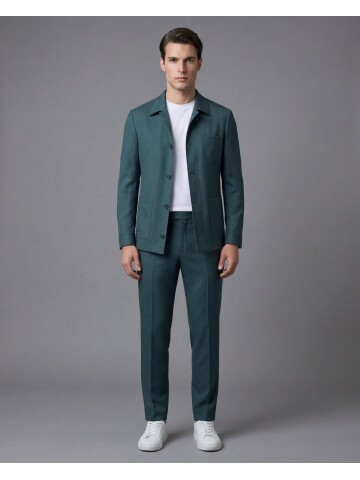 Yeşil Gömlek Yaka Düğmeli Torba Cepli Takım