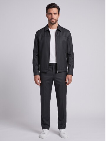 Black Minimal Zip-Up Jacket & Trousers Mens Set