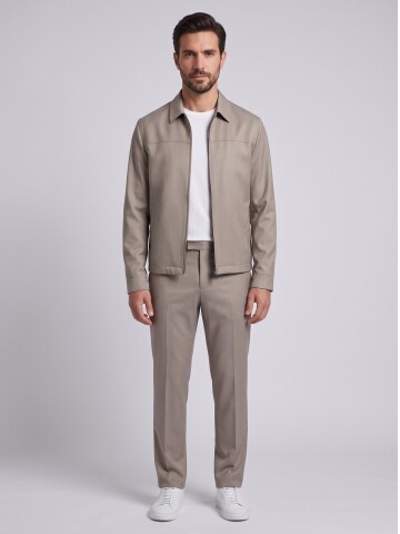 Beige Zip-Up Smart Casual Jacket & Trousers Mens Set