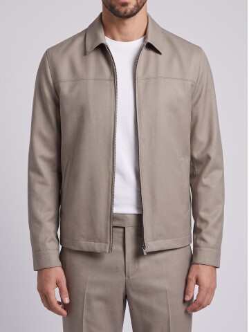Beige Zip-Up Smart Casual Jacket & Trousers Mens Set