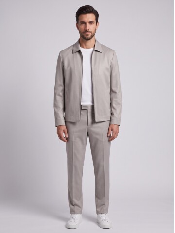 Light Beige Men’s Zip-Up Casual Two-Piece Set