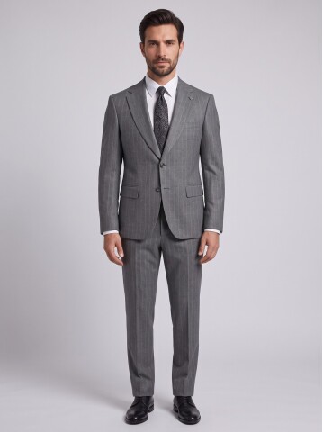 Light Grey Striped Regular Fit Peak Lapel Suit