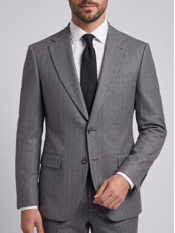 Light Grey Striped Regular Fit Peak Lapel Suit