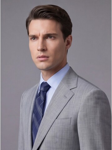 Açık Gri Çizgili Yünlü Mono Yaka Regular Fit Takım Elbise