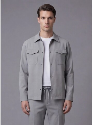 Light Grey Comfort Fit Shirt Collar Safari Pocket Sporty Suit