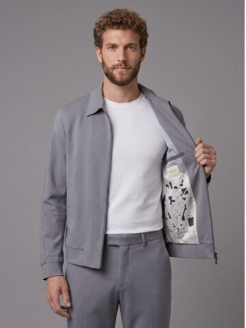 Açık Gri Gömlek Yaka Fermuarlı Comfort Fit Spor Takım Elbise