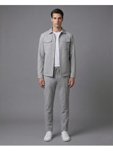 Açık Gri Gömlek Yaka Safari Cep Comfort Fit Spor Takım