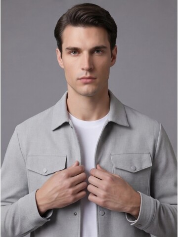 Açık Gri Gömlek Yaka Safari Cep Comfort Fit Spor Takım