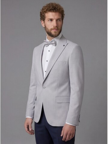 Light Grey Peak Lapel Comfort Fit Single Button Tuxedo Jacket & Navy Blue Trousers Suit Combination