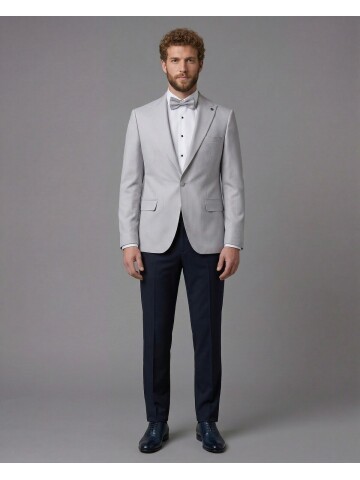 Light Grey Peak Lapel Comfort Fit Single Button Tuxedo Jacket & Navy Blue Trousers Suit Combination
