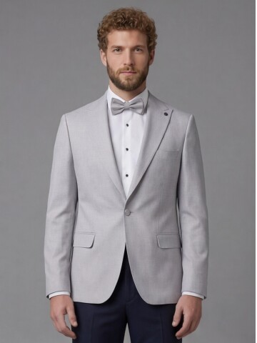 Light Grey Peak Lapel Comfort Fit Single Button Tuxedo Jacket & Navy Blue Trousers Suit Combination
