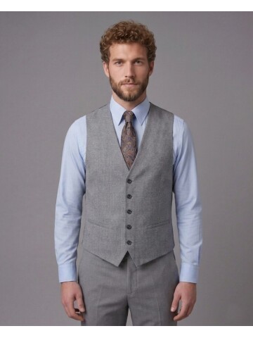 Açık Gri Sivri Yaka Çift Düğmeli Slim Fit Yelekli Takım Elbise