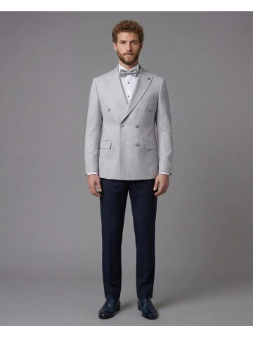 Light Grey Peak Lapel Double-Breasted Blazer & Navy Blue Trousers Combination Suit