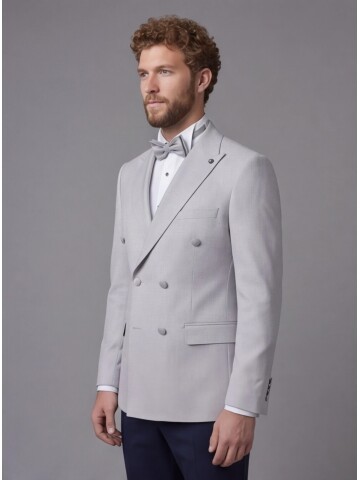 Light Grey Peak Lapel Double-Breasted Blazer & Navy Blue Trousers Combination Suit
