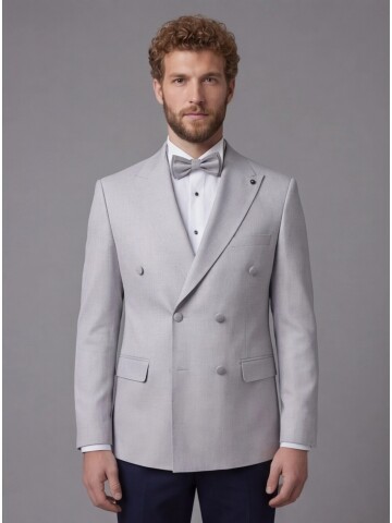 Light Grey Peak Lapel Double-Breasted Blazer & Navy Blue Trousers Combination Suit