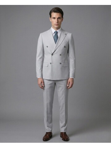 Light Grey Peak Lapel Double-Breasted Suit
