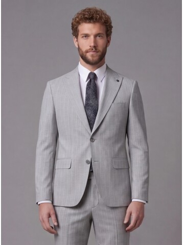 Açık Gri Sivri Yaka Slim Fit Çizgili Takım Elbise