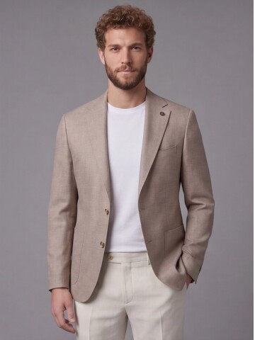 Açık Kahverengi Ceket Bej Pantolon Kombinli Slim Fit Takım Elbise