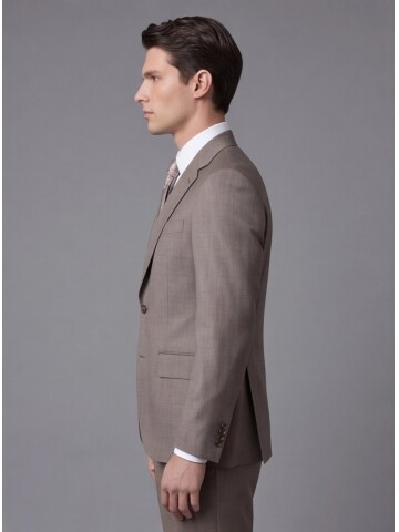 Açık Kahverengi Çizgili Yünlü Mono Yaka Regular Fit Takım Elbise