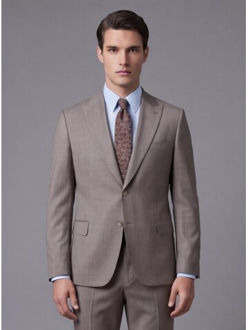 Açık Kahverengi Çizgili Yünlü Sivri Yaka Regular Fit Takım Elbise