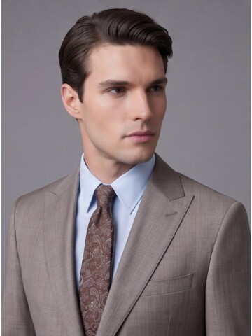 Açık Kahverengi Çizgili Yünlü Sivri Yaka Regular Fit Takım Elbise