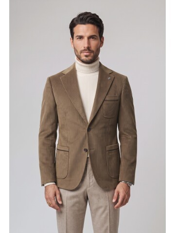 Light Brown Velvet Notch Lapel Slim Fit Jacket