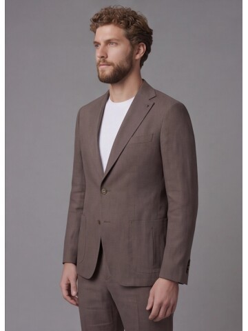 Açık Kahverengi Mono Yaka Slim Fit Torba Cep 2 Düğme Takım Elbise