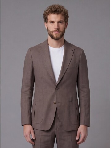 Açık Kahverengi Mono Yaka Slim Fit Torba Cep 2 Düğme Takım Elbise