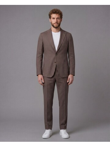 Açık Kahverengi Mono Yaka Slim Fit Torba Cep 2 Düğme Takım Elbise