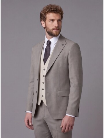 Açık Kahverengi Sivri Yaka Çift Düğmeli Slim Fit Yelekli Takım Elbise