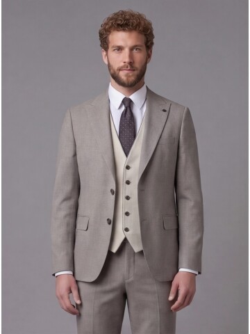 Açık Kahverengi Sivri Yaka Çift Düğmeli Slim Fit Yelekli Takım Elbise