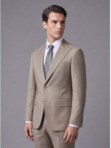 Açık Kahverengi Yünlü Sivri Yaka Comfort Fit Takım Elbise