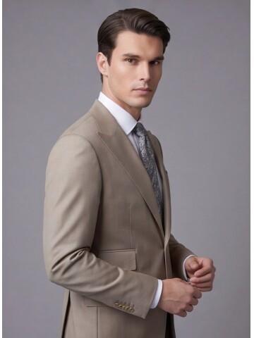 Açık Kahverengi Yünlü Sivri Yaka Comfort Fit Takım Elbise