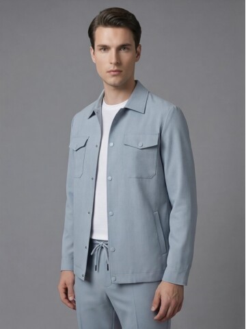 Light Blue Comfort Fit Shirt Collar Safari Pocket Sporty Suit