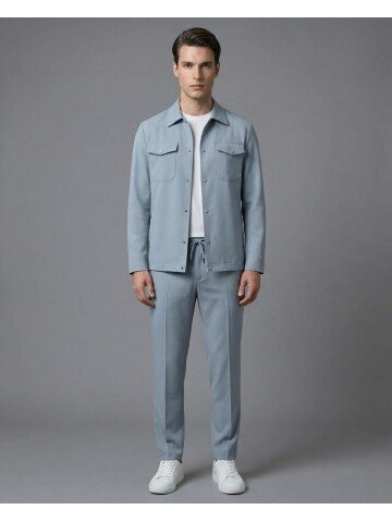 Light Blue Comfort Fit Shirt Collar Safari Pocket Sporty Suit
