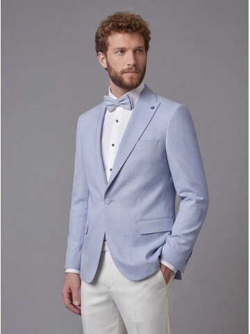 Light Blue Peak Lapel Comfort Fit Single Button Tuxedo Jacket & White Trousers Suit Combination