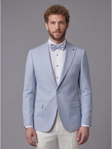 Light Blue Peak Lapel Comfort Fit Single Button Tuxedo Jacket & White Trousers Suit Combination