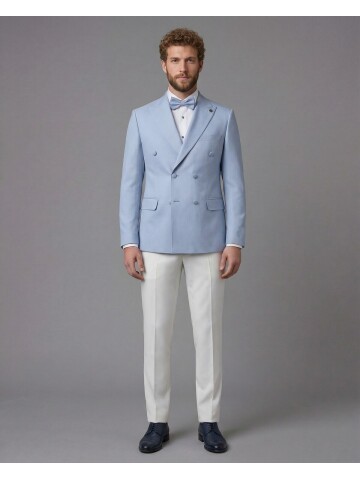 Light Blue Peak Lapel Double-Breasted Blazer & White Trousers Combination Suit