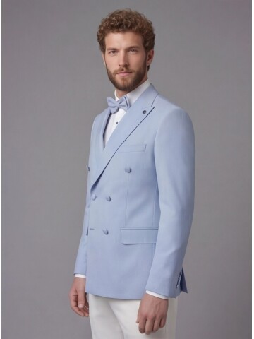 Light Blue Peak Lapel Double-Breasted Blazer & White Trousers Combination Suit