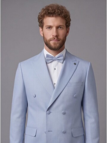 Light Blue Peak Lapel Double-Breasted Blazer & White Trousers Combination Suit