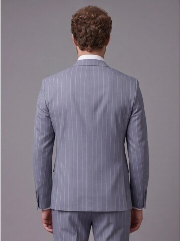 Açık Mavi Sivri Yaka Slim Fit Çizgili Takım Elbise