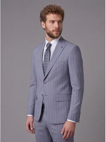 Açık Mavi Sivri Yaka Slim Fit Çizgili Takım Elbise