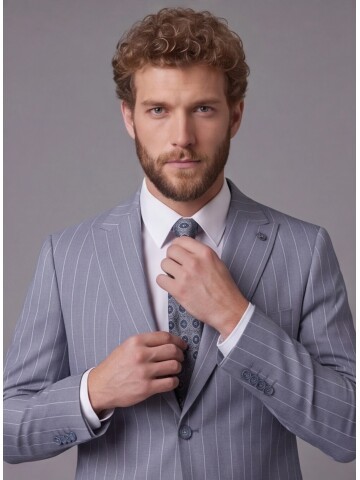 Açık Mavi Sivri Yaka Slim Fit Çizgili Takım Elbise