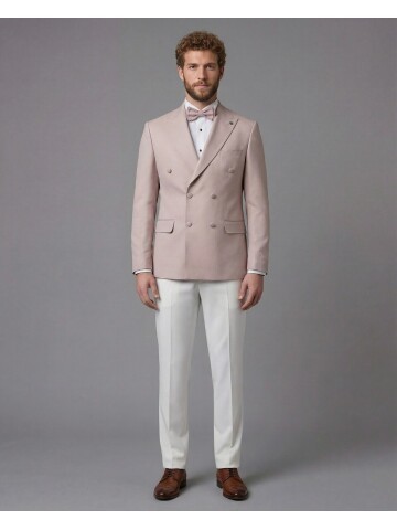 Light Pink Peak Lapel Double-Breasted Blazer & White Trousers Combination Suit