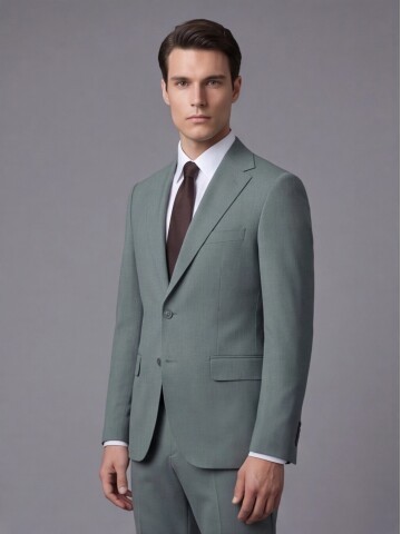 Açık Yeşil Mono Yaka İki Düğmeli Slim Fit Takım Elbise