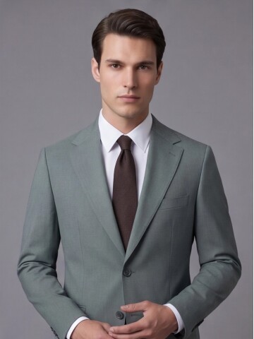 Açık Yeşil Mono Yaka İki Düğmeli Slim Fit Takım Elbise