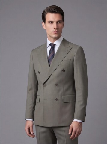 Açık Yeşil Yünlü Sivri Yaka Kruvaze Comfort Fit Takım Elbise